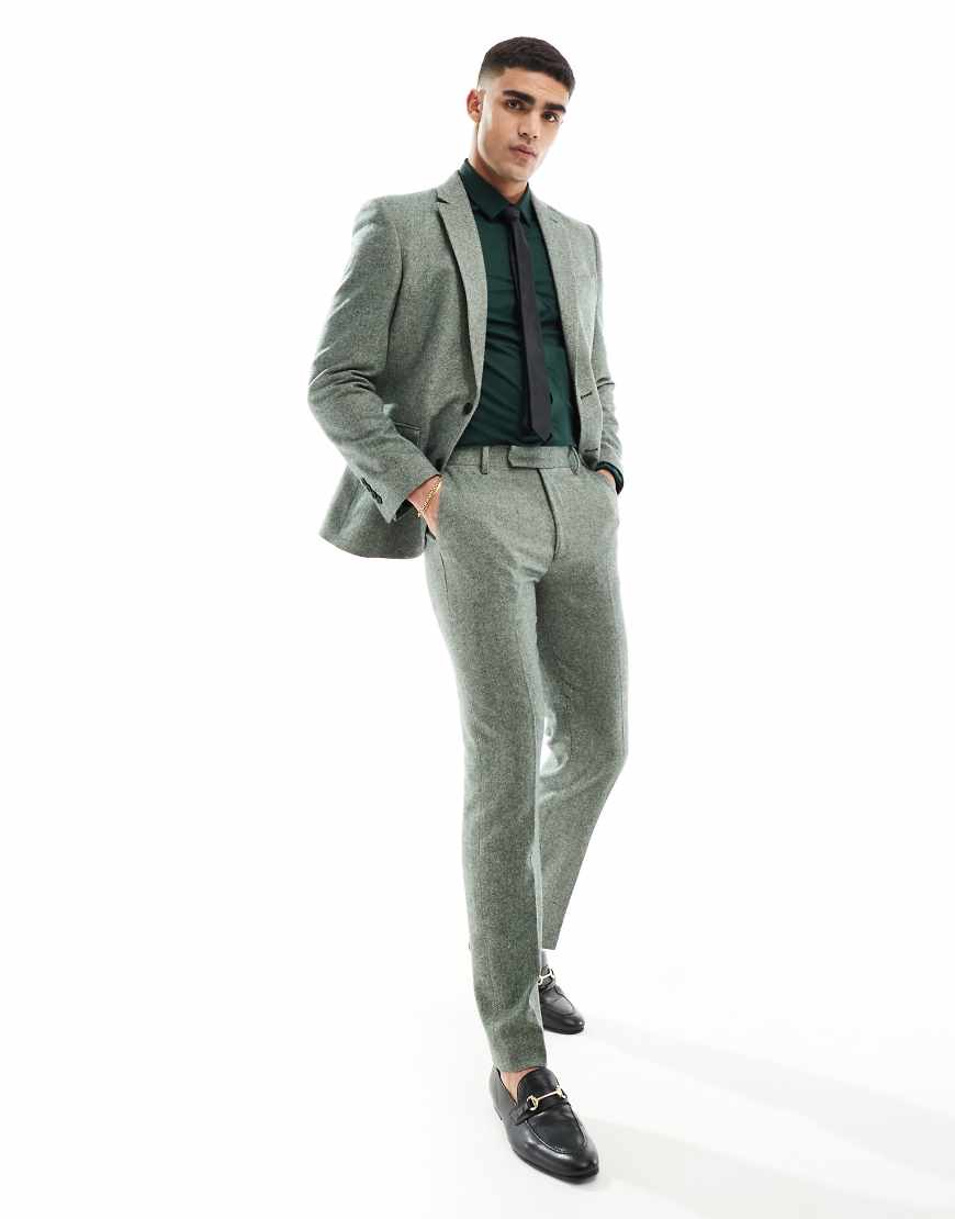 ASOS DESIGN - Schmale Anzughose aus Wollmix-Tweed in Flaschengrün von ASOS DESIGN