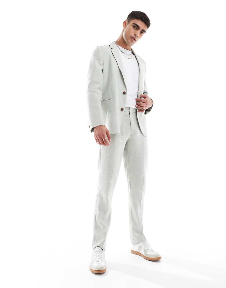 ASOS DESIGN - Schmale Anzughose mit Leinenanteil in Hellgrün mit Fischgrätmuster-Neutral von ASOS DESIGN