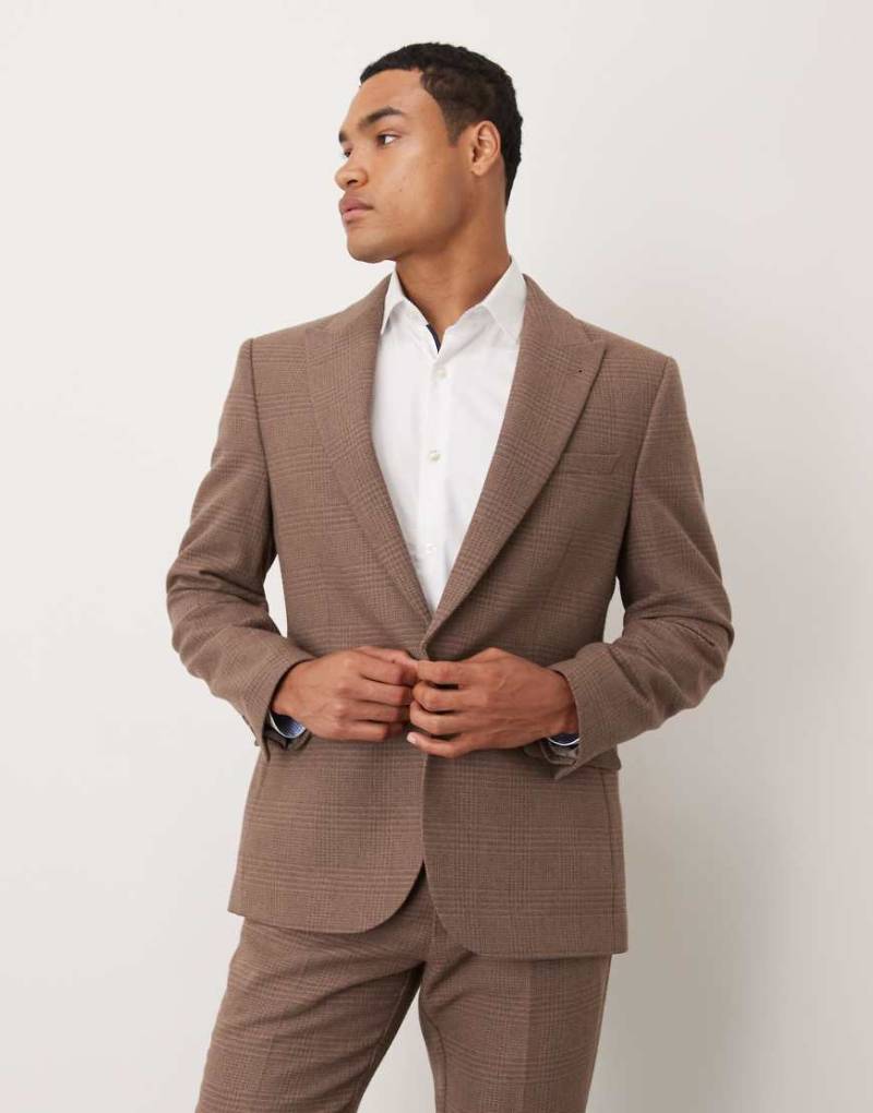 ASOS DESIGN - Schmale Anzugjacke aus Wollgemisch mit Glencheck-Karomuster in Braun-Brown von ASOS DESIGN
