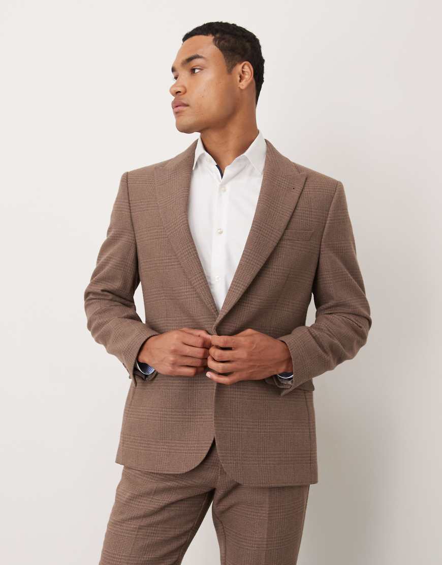 ASOS DESIGN - Schmale Anzugjacke aus Wollgemisch mit Glencheck-Karomuster in Braun-Brown von ASOS DESIGN