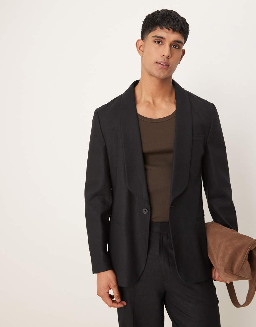 ASOS DESIGN - Schmale Anzugjacke aus schwarzem Twill-Leinenmix mit Schalkragen ASOS DESIGN - Schmale Anzugjacke aus schwarzem Twill-Leinenmix mit Schalkragen von ASOS DESIGN