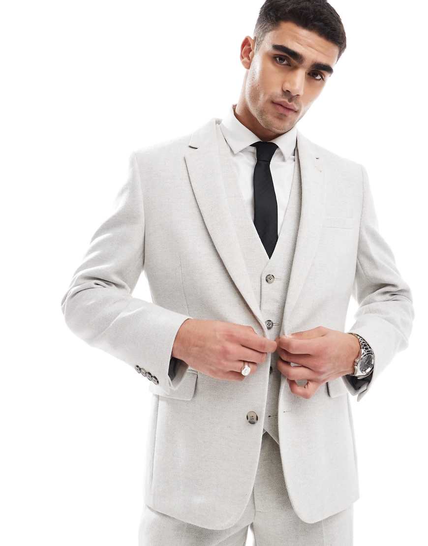 ASOS DESIGN - Schmale Anzugjacke mit Wollanteil in Eisgrau mit Fischgrätmuster-Neutral ASOS DESIGN - Schmale Anzugjacke mit Wollanteil in Eisgrau mit Fischgrätmuster-Neutral von ASOS DESIGN
