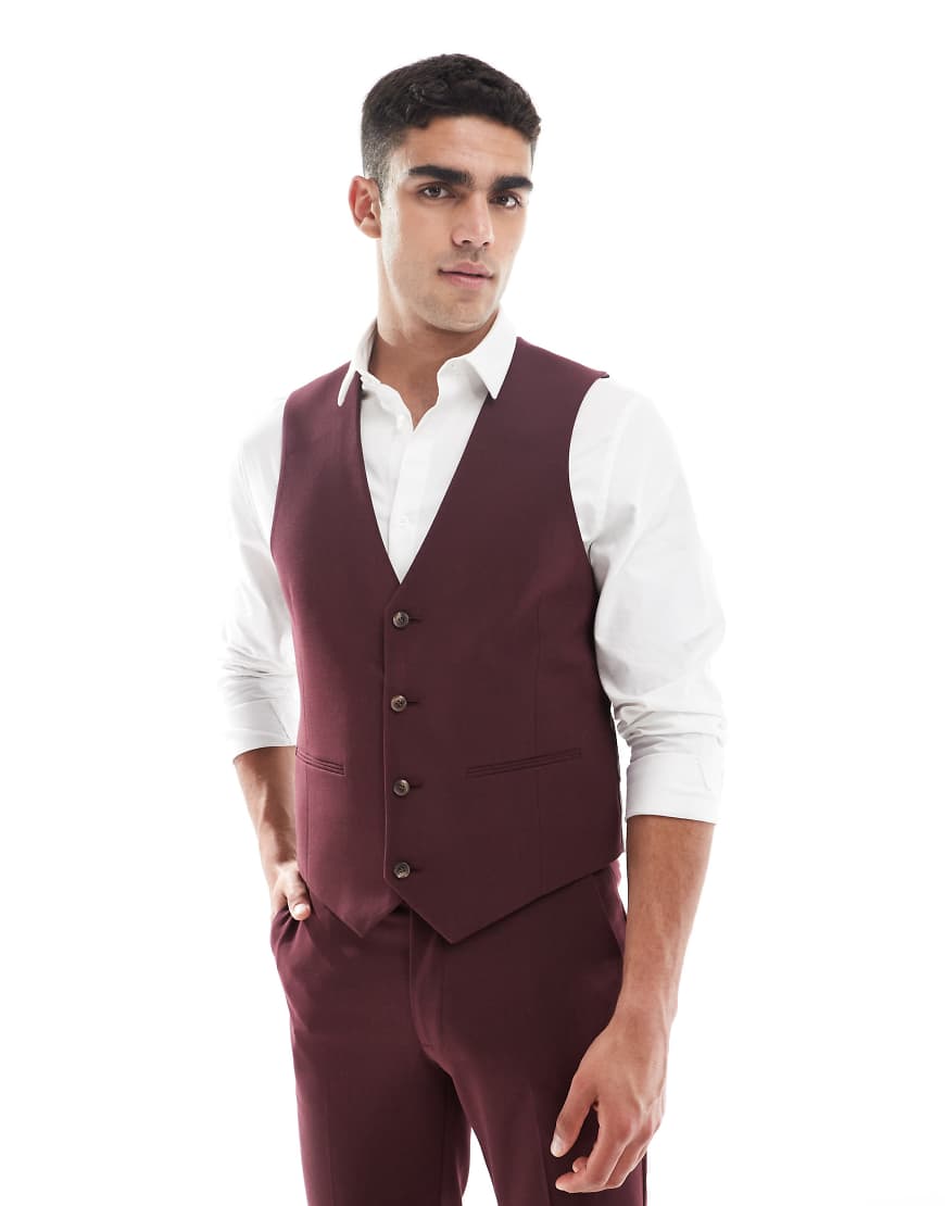 ASOS DESIGN - Schmale Anzugweste in Burgund-Braun von ASOS DESIGN