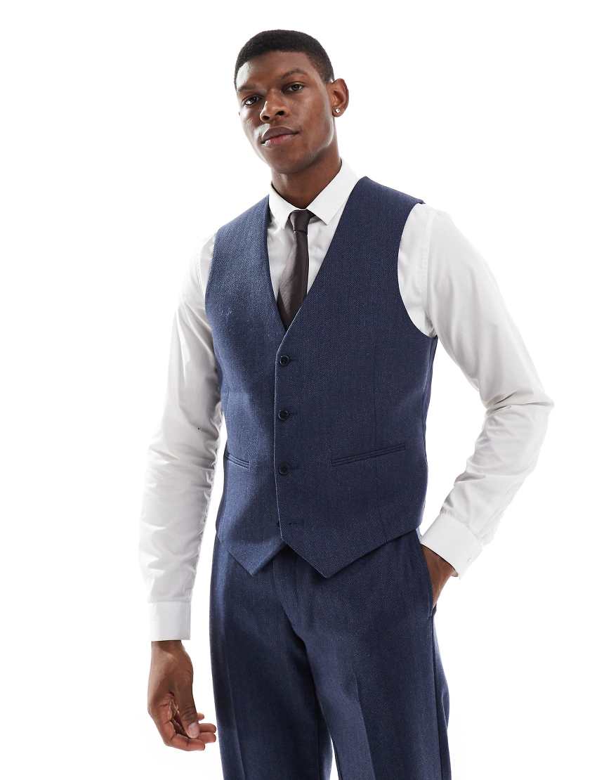 ASOS DESIGN - Schmale Anzugweste mit Wollanteil in Blau mit Fischgrätmuster-Marineblau von ASOS DESIGN