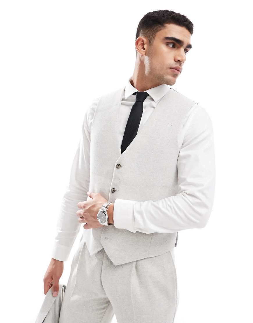 ASOS DESIGN - Schmale Anzugweste mit Wollanteil in Eisgrau mit Fischgrätmuster-Neutral ASOS DESIGN - Schmale Anzugweste mit Wollanteil in Eisgrau mit Fischgrätmuster-Neutral von ASOS DESIGN
