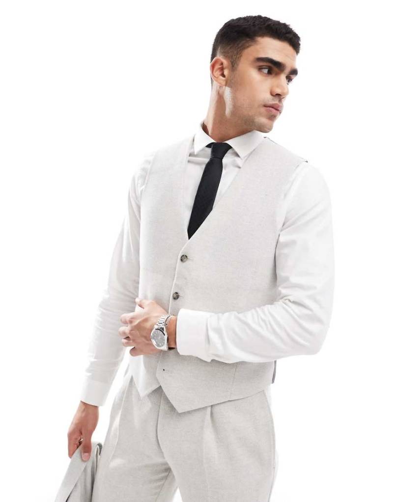 ASOS DESIGN - Schmale Anzugweste mit Wollanteil in Eisgrau mit Fischgrätmuster-Neutral von ASOS DESIGN