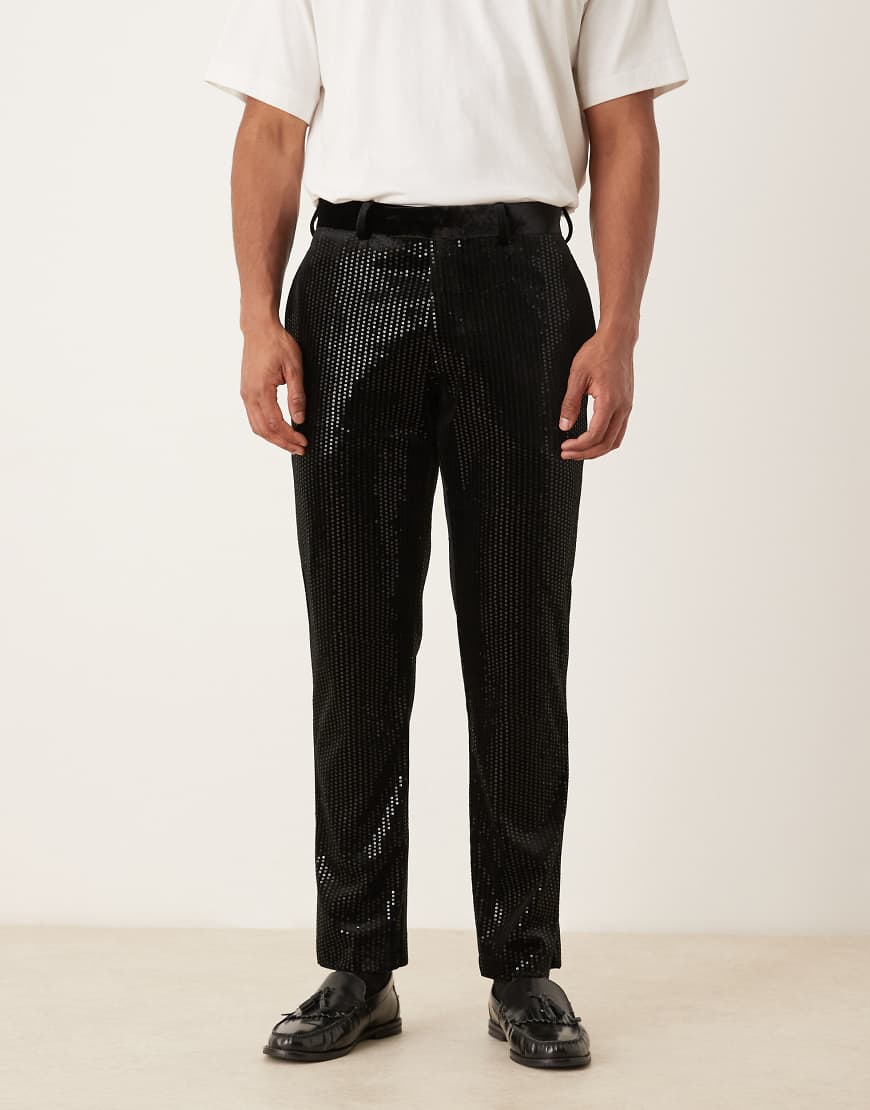 ASOS DESIGN - Schmale Samt-Anzughose in Schwarz mit Paillettenbesatz von ASOS DESIGN