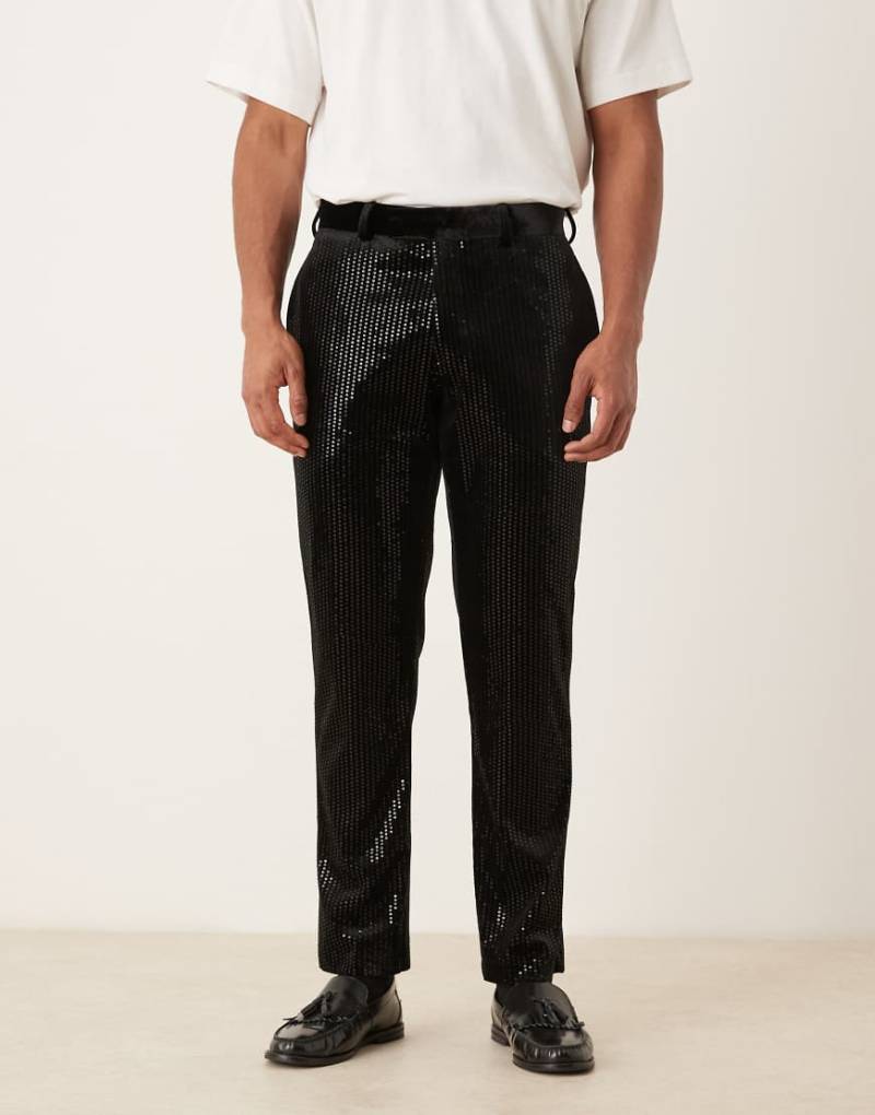ASOS DESIGN - Schmale Samt-Anzughose in Schwarz mit Paillettenbesatz von ASOS DESIGN