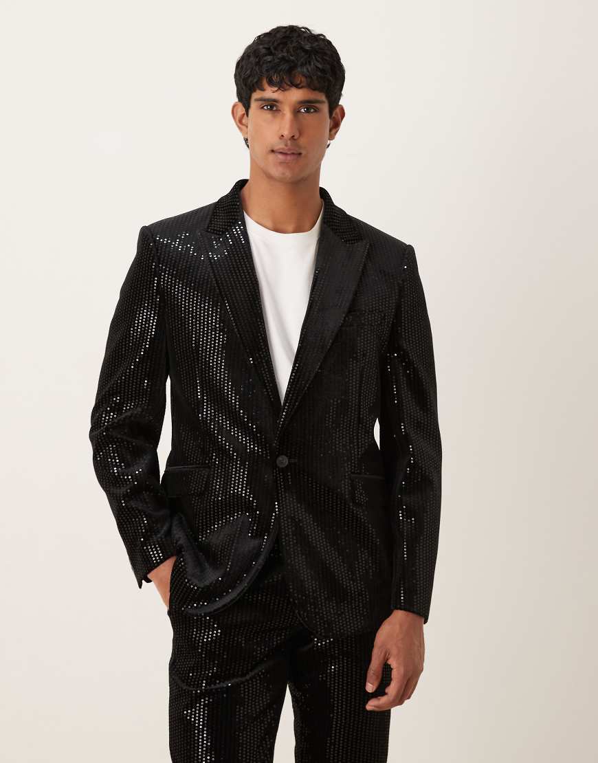 ASOS DESIGN - Schmale Samt-Anzugjacke in Schwarz mit Paillettenbesatz von ASOS DESIGN
