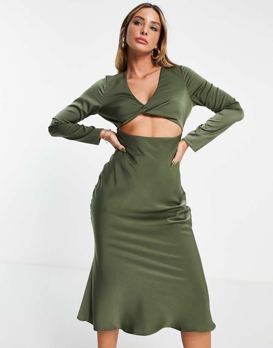 ASOS DESIGN - Schräg geschnittenes Midikleid aus Satin mit verdrehter Vorderseite in Khaki-Grün von ASOS DESIGN