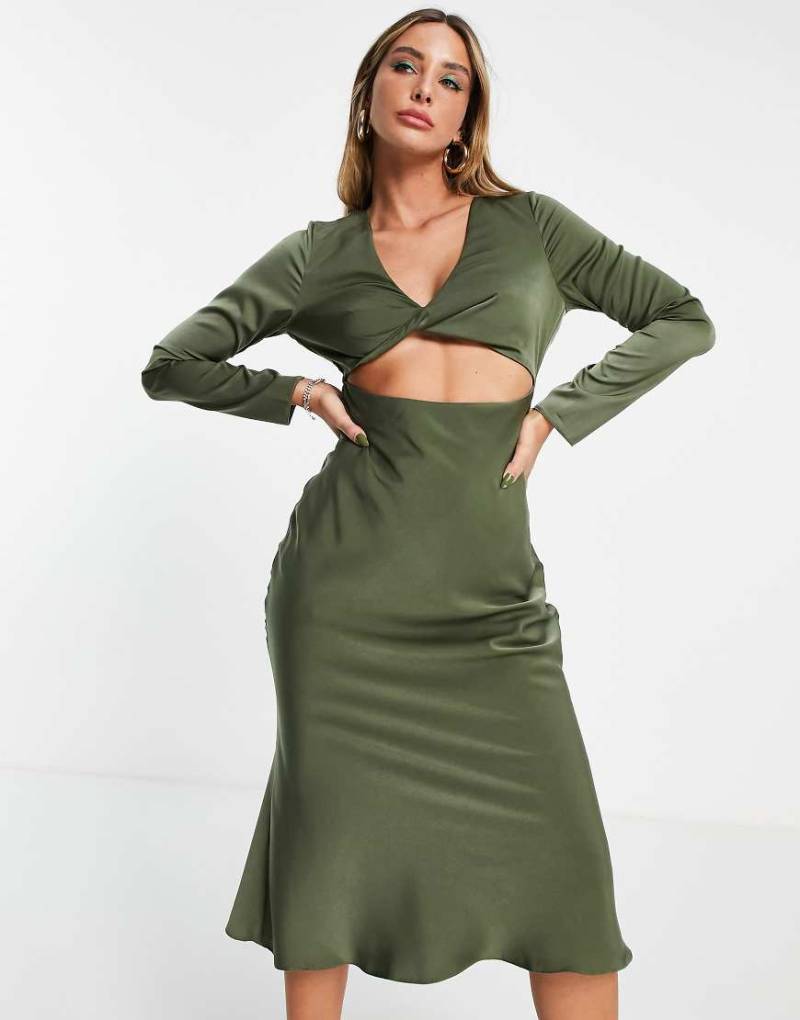 ASOS DESIGN - Schräg geschnittenes Midikleid aus Satin mit verdrehter Vorderseite in Khaki-Grün von ASOS DESIGN
