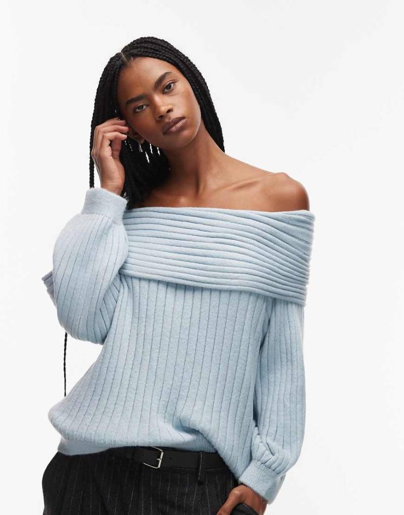 ASOS DESIGN - Schulterfreier Oversize-Pullover in Hellblau aus Rippstrick mit Ballonärmel von ASOS DESIGN