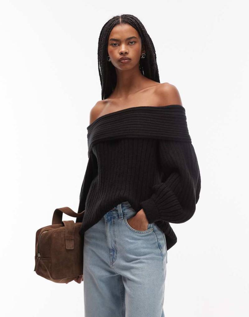 ASOS DESIGN - Schulterfreier Oversize-Pullover in Schwarz aus Rippstrick mit Ballonärmel von ASOS DESIGN
