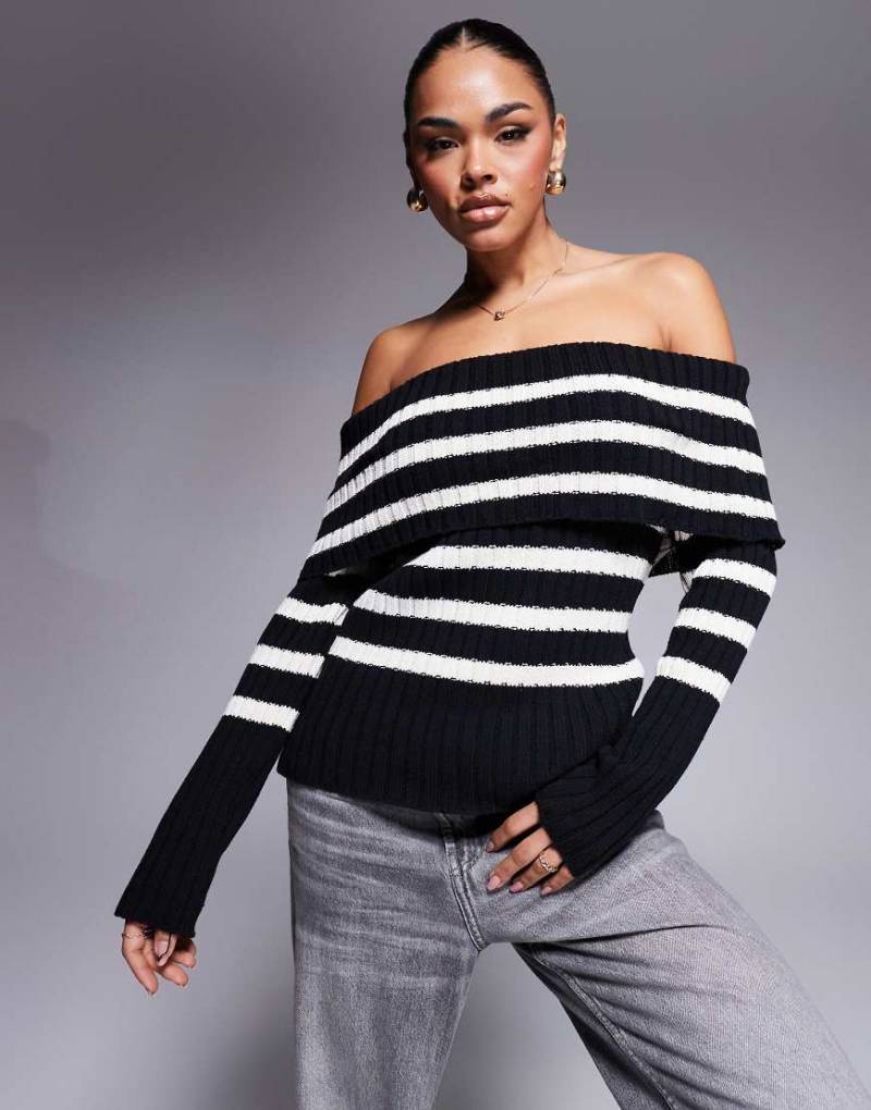 ASOS DESIGN - Schulterfreier Oversize-Strickpullover in Schwarz und Weiß-Bunt von ASOS DESIGN