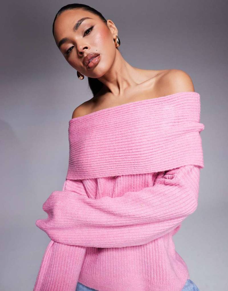 ASOS DESIGN - Schulterfreier Oversize-Strickpullover in sanftem Rosa von ASOS DESIGN