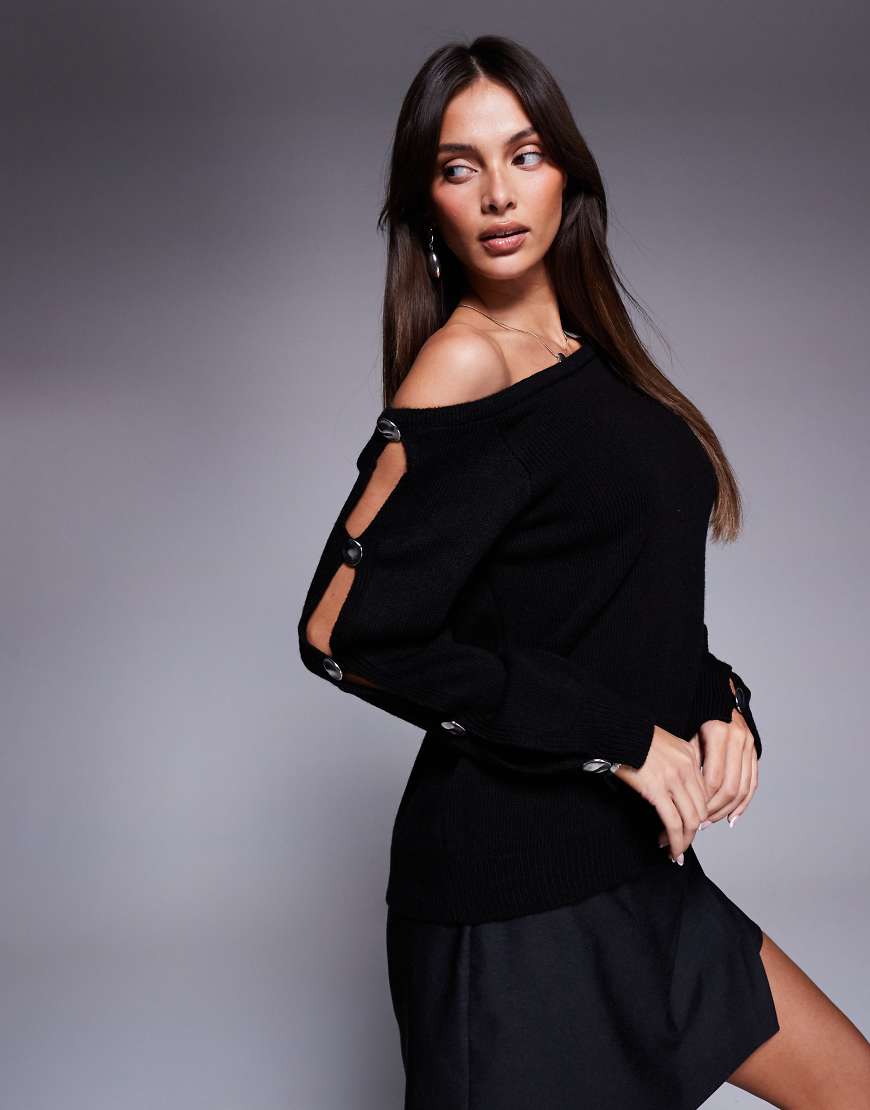 ASOS DESIGN - Schulterfreier Pullover in Schwarz mit Metallknopf-Detail an den Ärmeln von ASOS DESIGN