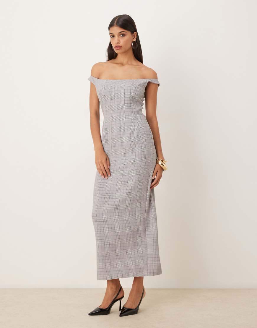 ASOS DESIGN - Schulterfreies, elegantes Midi-Bleistiftkleid in kariertem Steingrau-Bunt von ASOS DESIGN