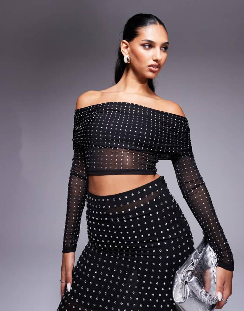 ASOS DESIGN - Schulterfreies, langärmliges Oberteil in Schwarz mit Strassbesatz von ASOS DESIGN