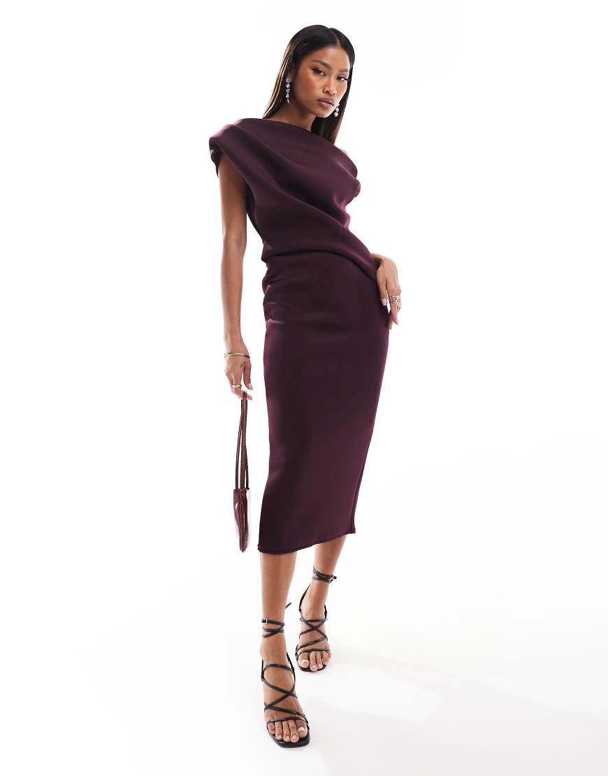 ASOS DESIGN - Schulterfreies, plissiertes Midi-Bleistiftkleid in Aubergine mit Faltendetail an der Taille-Lila von ASOS DESIGN