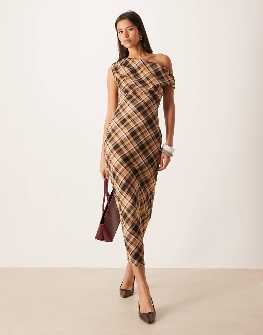 ASOS DESIGN - Schulterfreies Bleistift-Midikleid mit braunem Karomuster-Bunt ASOS DESIGN - Schulterfreies Bleistift-Midikleid mit braunem Karomuster-Bunt von ASOS DESIGN