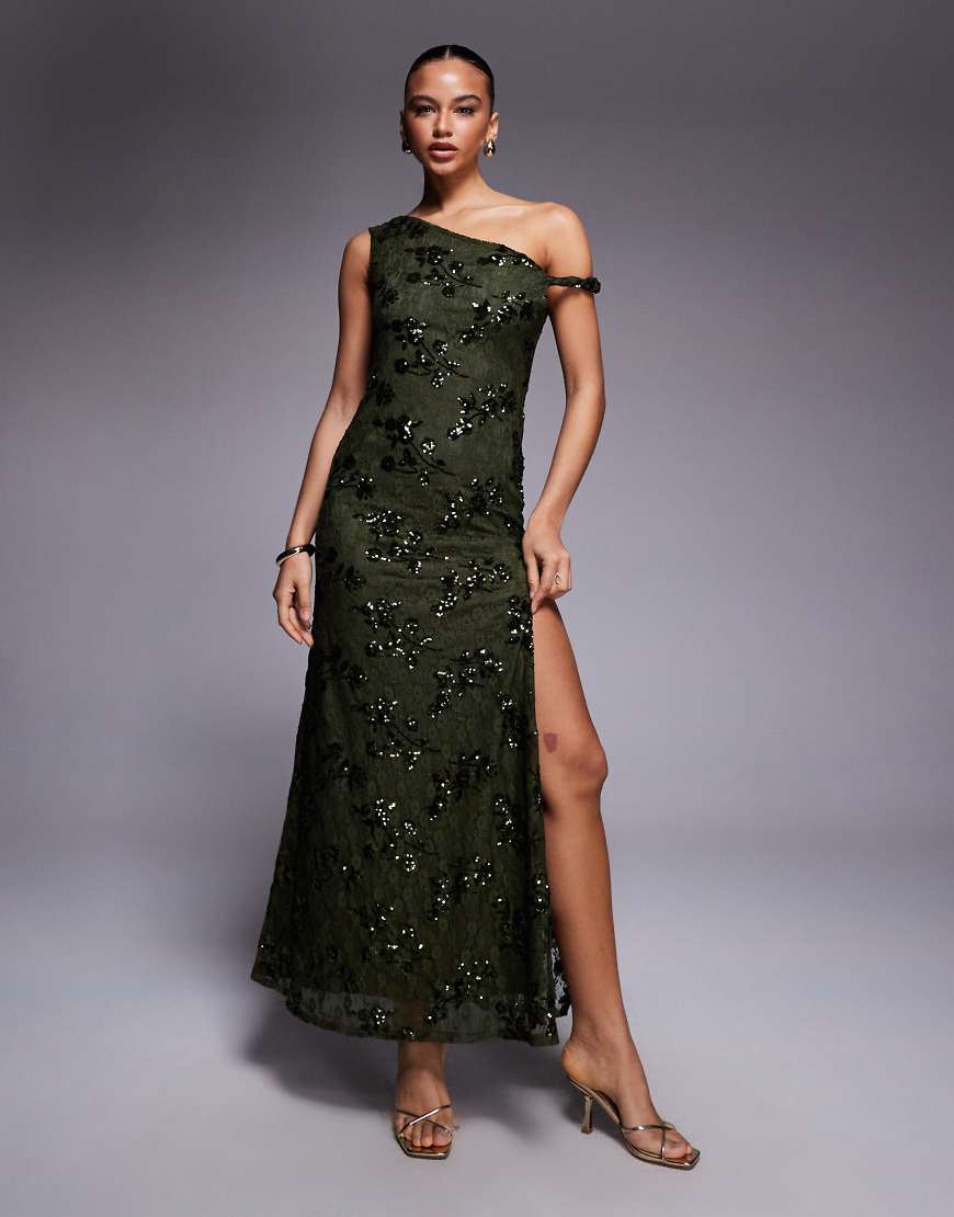 ASOS DESIGN - Schulterfreies Maxikleid aus Spitze in Grün mit verdrehtem Träger, Paillettenmuster und Rückenschnürung von ASOS DESIGN