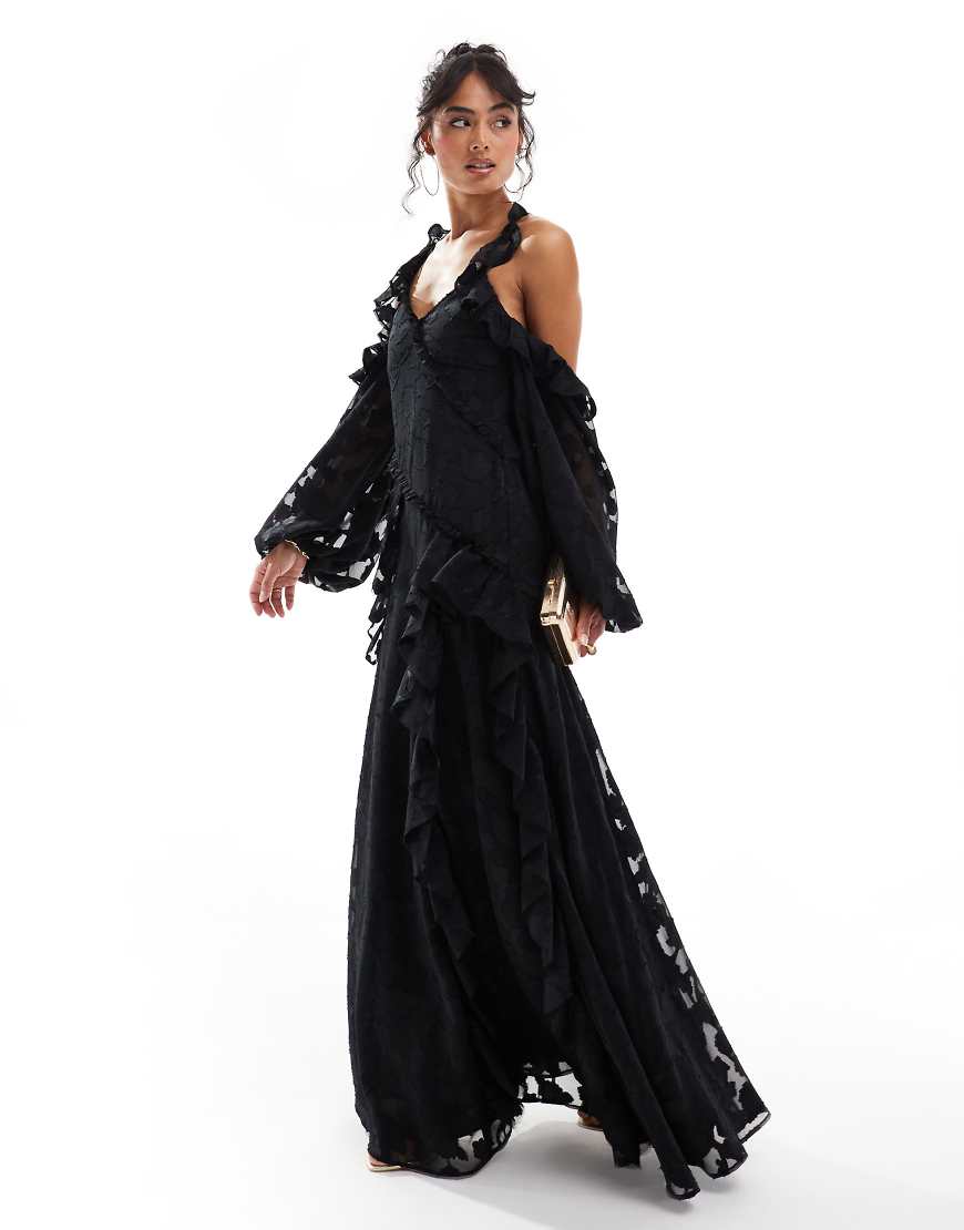 ASOS DESIGN - Schulterfreies Maxikleid aus geblümtem Jacquard in Schwarz mit überkreuztem Ausschnitt und Rüschendetail-Bunt von ASOS DESIGN