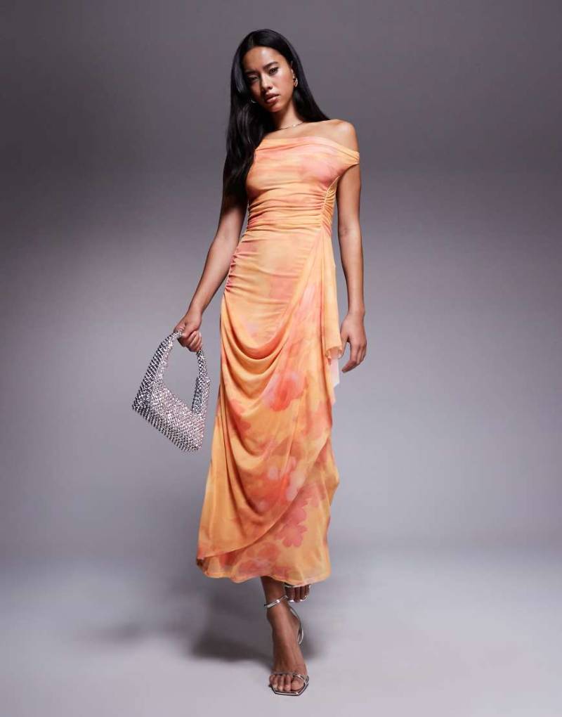 ASOS DESIGN - Schulterfreies Netzstoff-Midikleid mit Wasserfallausschnitt, hochgestecktem Wickelrock und orangefarbenem Blumenmuster-Bunt von ASOS DESIGN