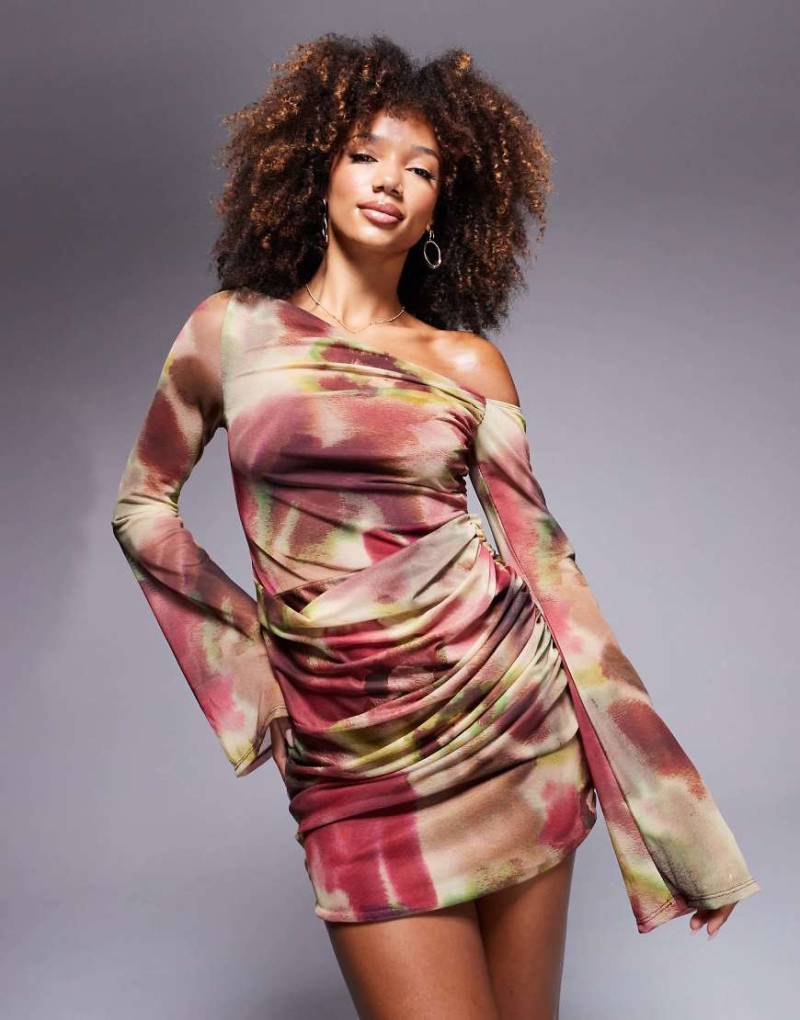 ASOS DESIGN - Schulterfreies Netzstoff-Minikleid mit gerüschten Trompetenärmeln und verschwommenem Muster in Rosa-Bunt ASOS DESIGN - Schulterfreies Netzstoff-Minikleid mit gerüschten Trompetenärmeln und verschwommenem Muster in Rosa-Bunt von ASOS DESIGN