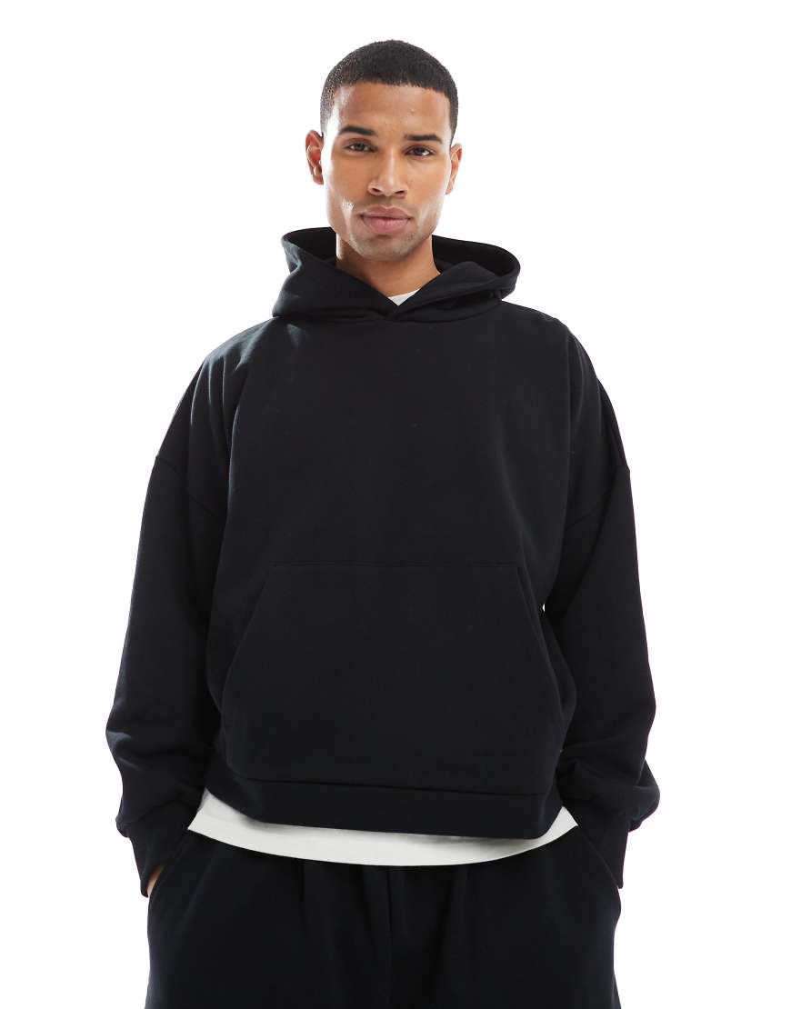 ASOS DESIGN - Schwerer Kapuzenpullover in Schwarz mit tief angesetzter Schulter, Kombiteil von ASOS DESIGN