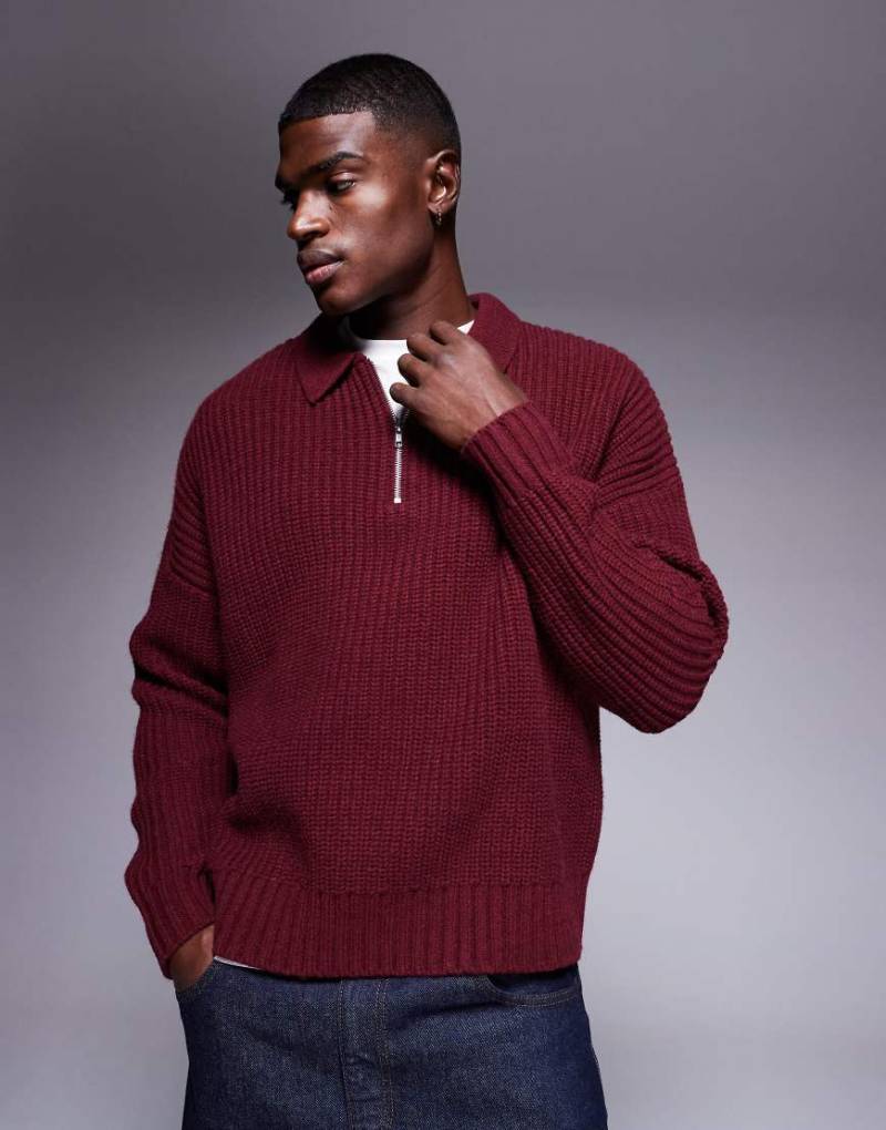 ASOS DESIGN - Kastiger Oversize-Strickpullover aus schwerem Wollmix in Burgunderrot mit kurzem Reißverschluss ASOS DESIGN - Kastiger Oversize-Strickpullover aus schwerem Wollmix in Burgunderrot mit kurzem Reißverschluss von ASOS DESIGN
