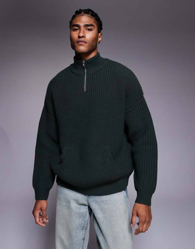 ASOS DESIGN - Schwerer Oversize-Strickpullover in Khaki mit halblangem Reißverschluss-Neutral von ASOS DESIGN