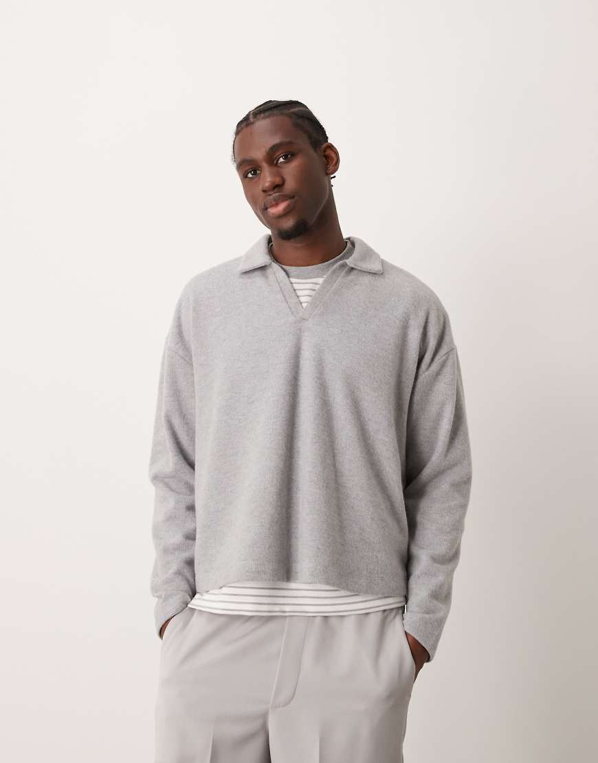 ASOS DESIGN - Schwerer Polo-Pullover in Grau mit Oversize-Schnitt und angerauter Rippenstruktur ASOS DESIGN - Schwerer Polo-Pullover in Grau mit Oversize-Schnitt und angerauter Rippenstruktur von ASOS DESIGN