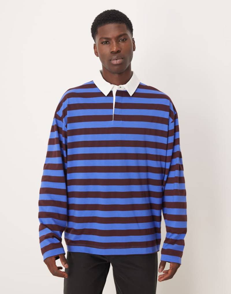 ASOS DESIGN - Schweres, langärmliges Oversize-Rugby-Polohemd in Blau und Braun gestreift-Bunt von ASOS DESIGN