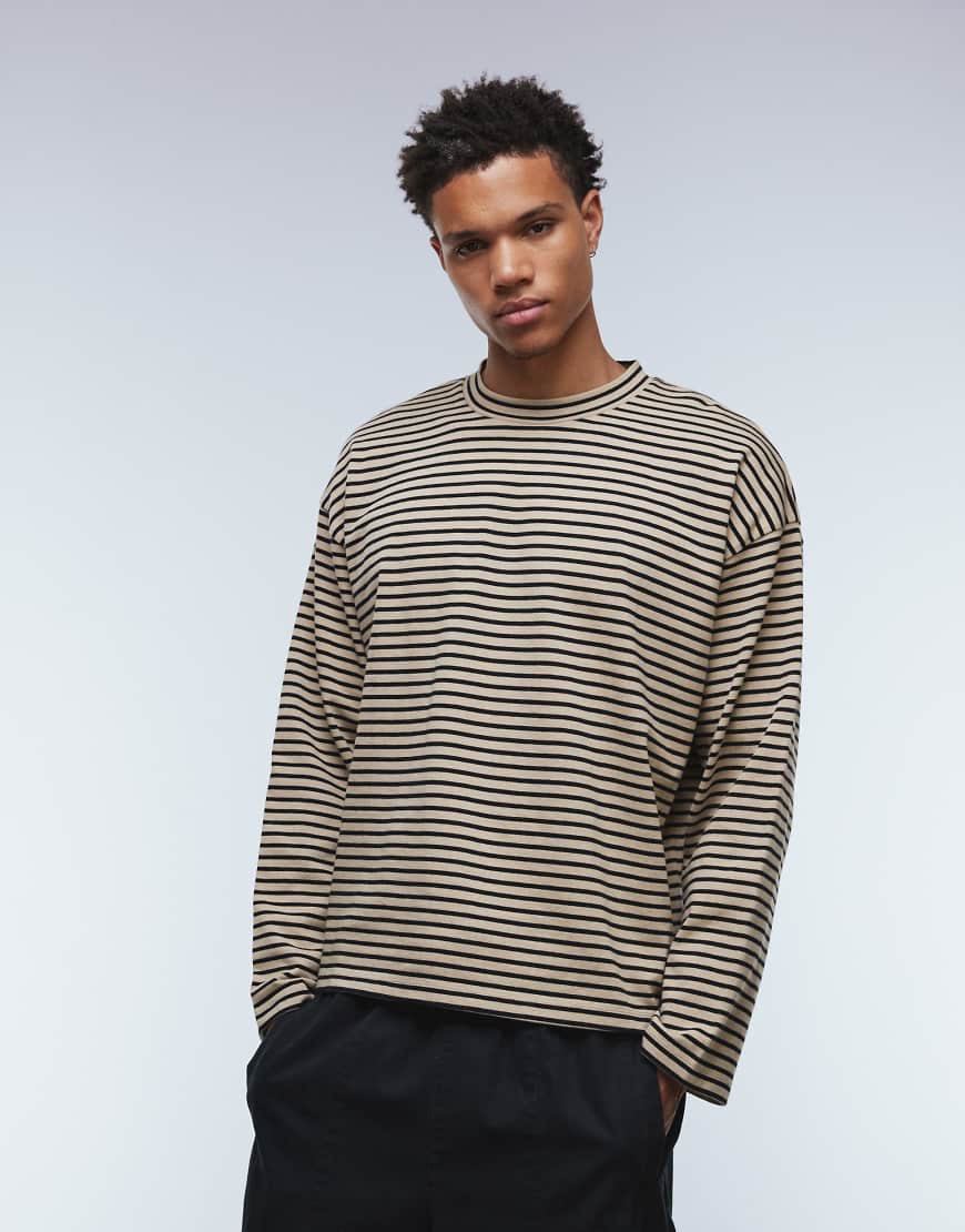 ASOS DESIGN - Schweres, langärmliges Oversize-Shirt mit Streifen in Schwarz und Beige-Neutral von ASOS DESIGN