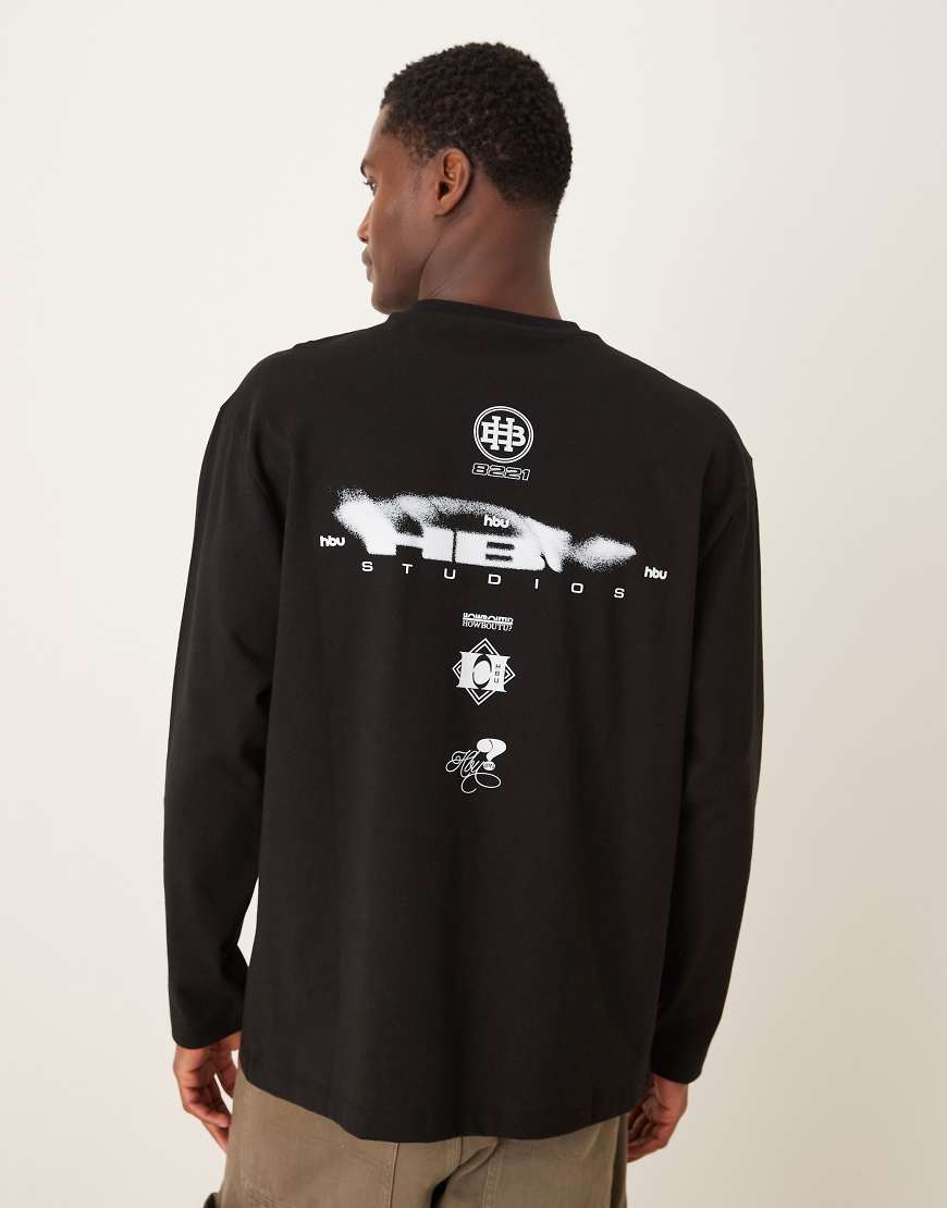 ASOS DESIGN - Schweres, langärmliges Relaxed-Fit-T-Shirt in Schwarz mit mittigem Rückenprint, 240 g/m² von ASOS DESIGN
