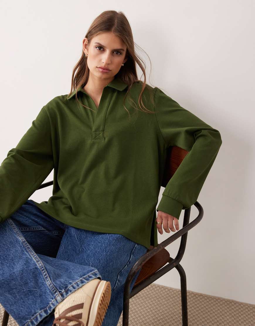 ASOS DESIGN - Schweres, langärmliges T-Shirt in Grün mit Rugby-Kragen von ASOS DESIGN