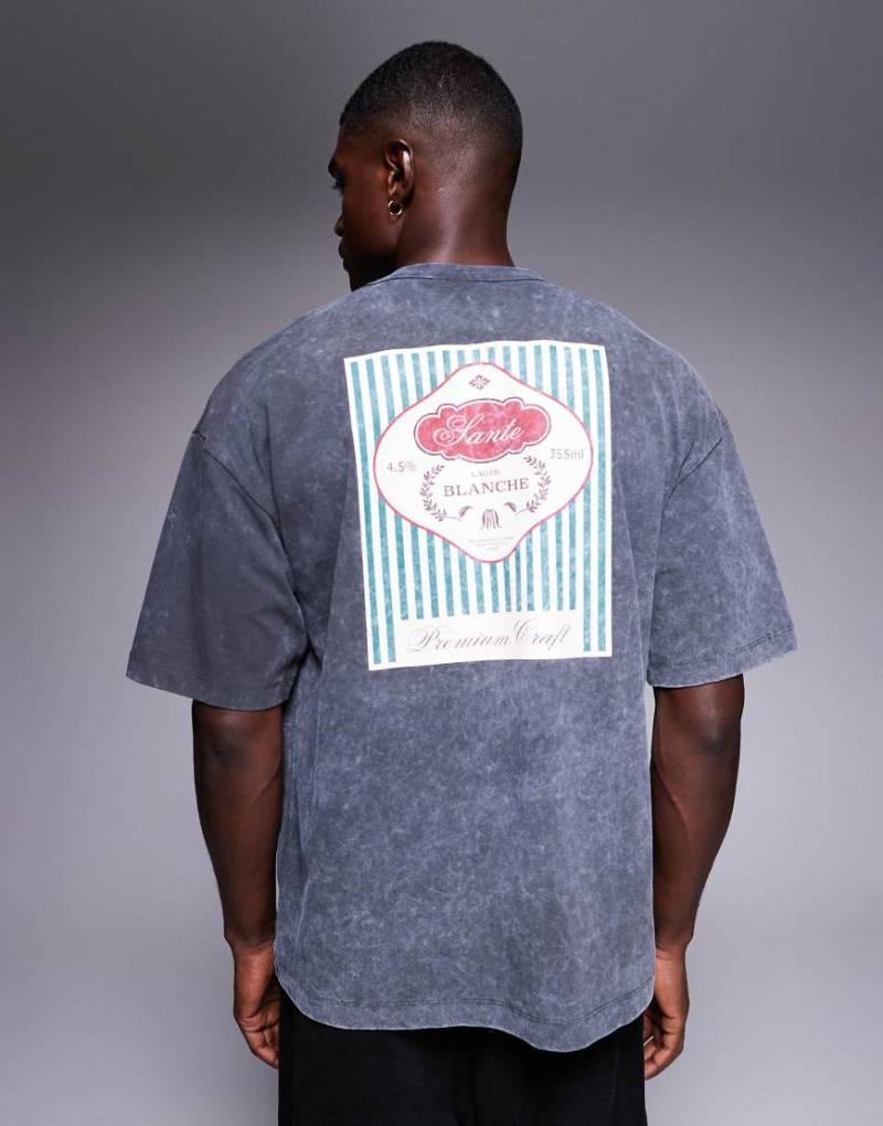 ASOS DESIGN - Schweres Oversize-T-Shirt in verwaschenem Schwarz mit „Drinks"-Grafikprint-Grau von ASOS DESIGN