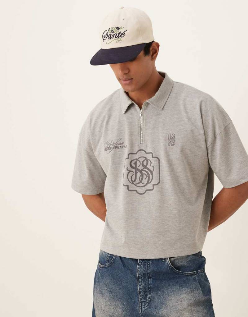 ASOS DESIGN - Schweres Cropped Oversize-Polohemd in meliertem Grau mit Logo-Stickerei, 300 g/m² von ASOS DESIGN
