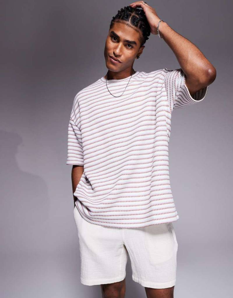 ASOS DESIGN - Schweres Oversize-T-Shirt mit Strukturstreifen in Rosa und Weiß-Bunt von ASOS DESIGN
