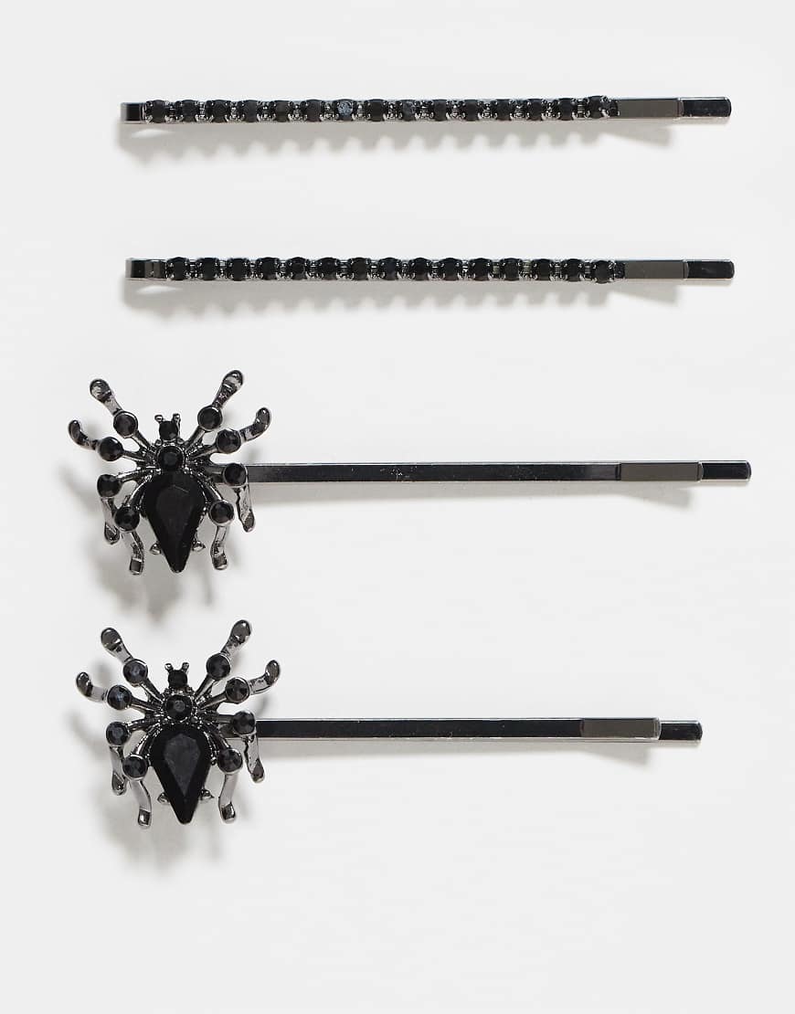 ASOS DESIGN - Halloween - Set mit 4 Haarspangen in Silberoptik mit strassverziertem Spinnen-Design von ASOS DESIGN