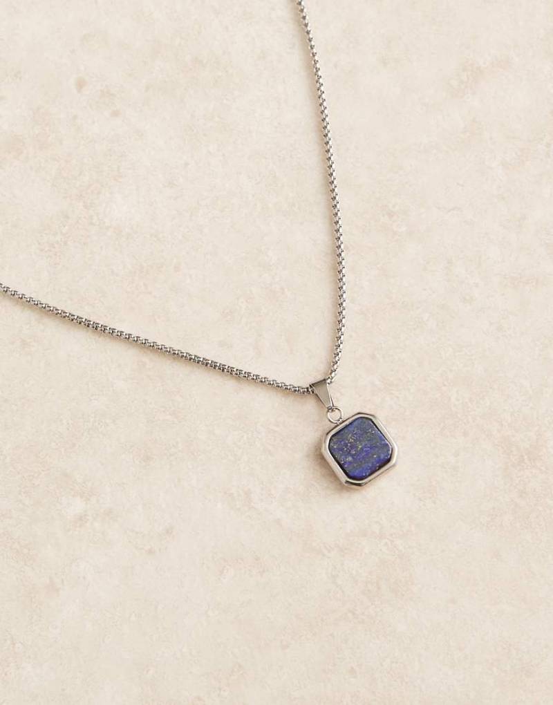ASOS DESIGN - Silberfarbene Halskette aus wasserfestem Edelstahl mit eckigem Anhänger mit Lapis in Blau von ASOS DESIGN