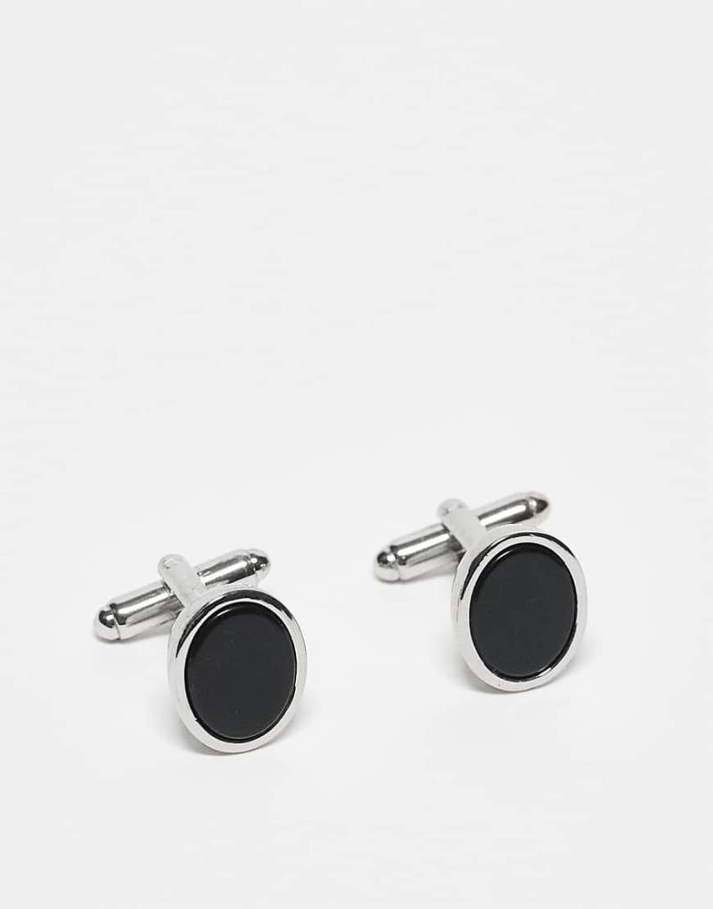 ASOS DESIGN - Ovale silberfarbene Manschettenknöpfe mit schwarzem Schmuckstein von ASOS DESIGN