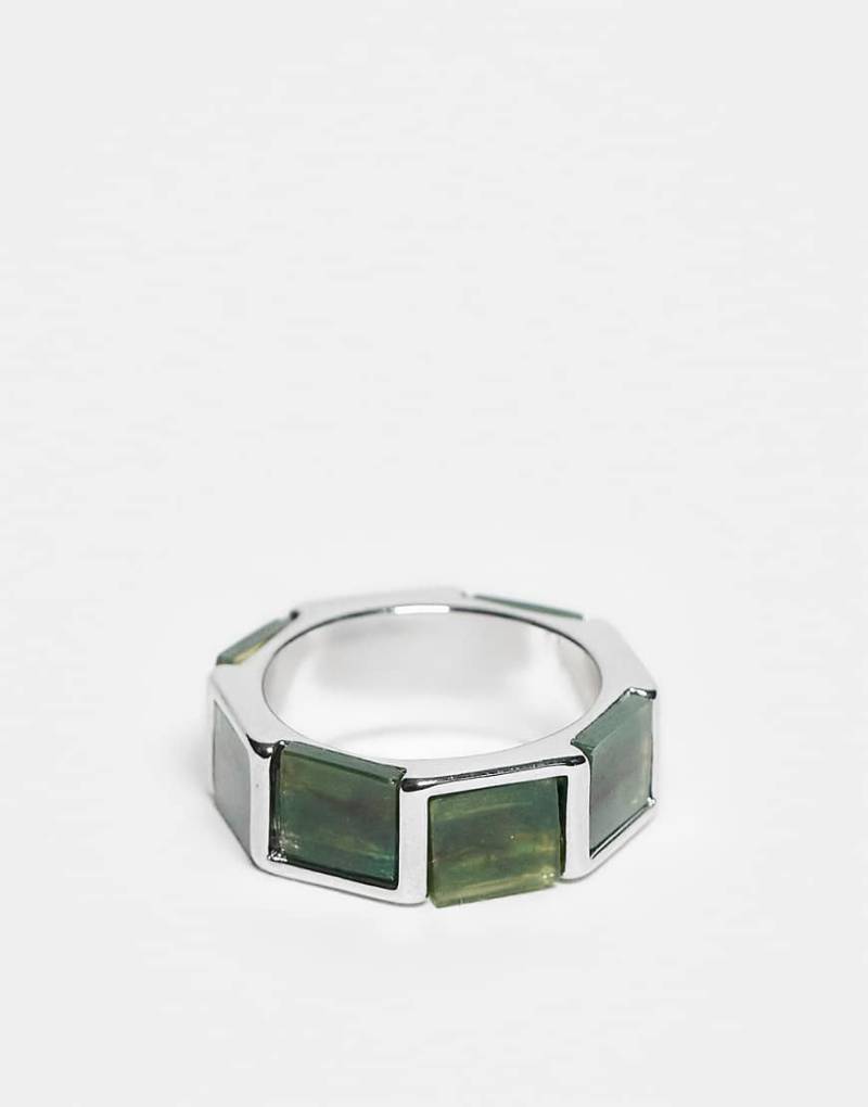 ASOS DESIGN - Silberfarbener, eckiger Ring mit künstlichem Moosachat von ASOS DESIGN