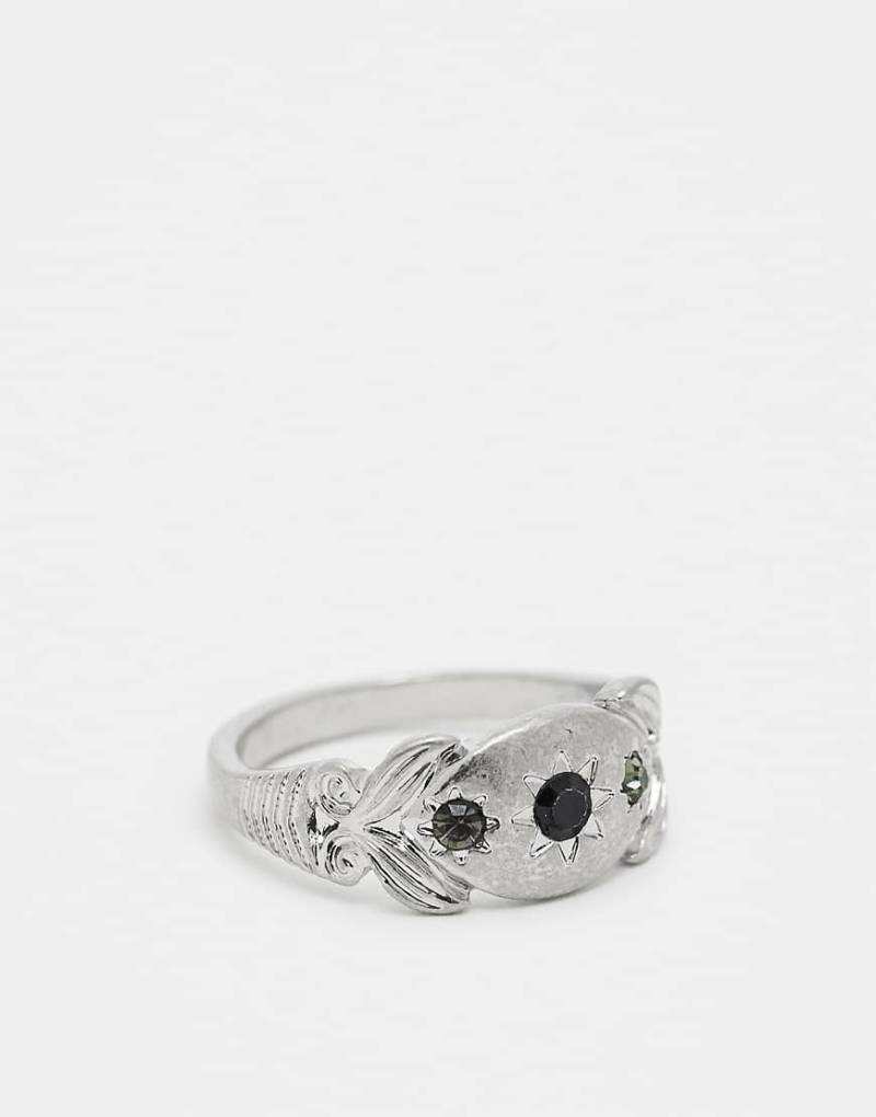 ASOS DESIGN - Silberfarbener, mit schwarzen Strasssteinen verzierter Ring von ASOS DESIGN