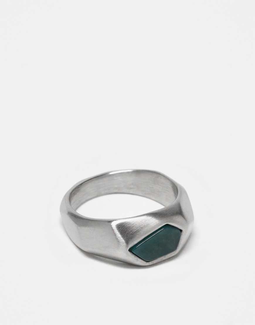 ASOS DESIGN - Silberfarbener, sechseckiger Ring aus wasserfestem Edelstahl mit moosgrünem Achat-Stein von ASOS DESIGN
