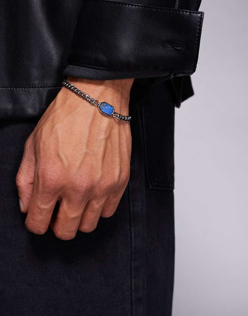 ASOS DESIGN - Silberfarbenes Kettenarmband aus wasserfestem Edelstahl mit unterschiedlichem Kettenglieder-Design und Lapislazuli-Halbedelstein von ASOS DESIGN