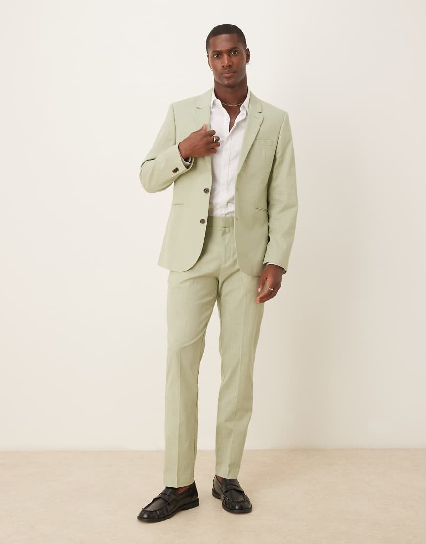 ASOS DESIGN - Slim Fit Anzughose in grüner Leinenoptik mit Bundfalten ASOS DESIGN - Slim Fit Anzughose in grüner Leinenoptik mit Bundfalten von ASOS DESIGN