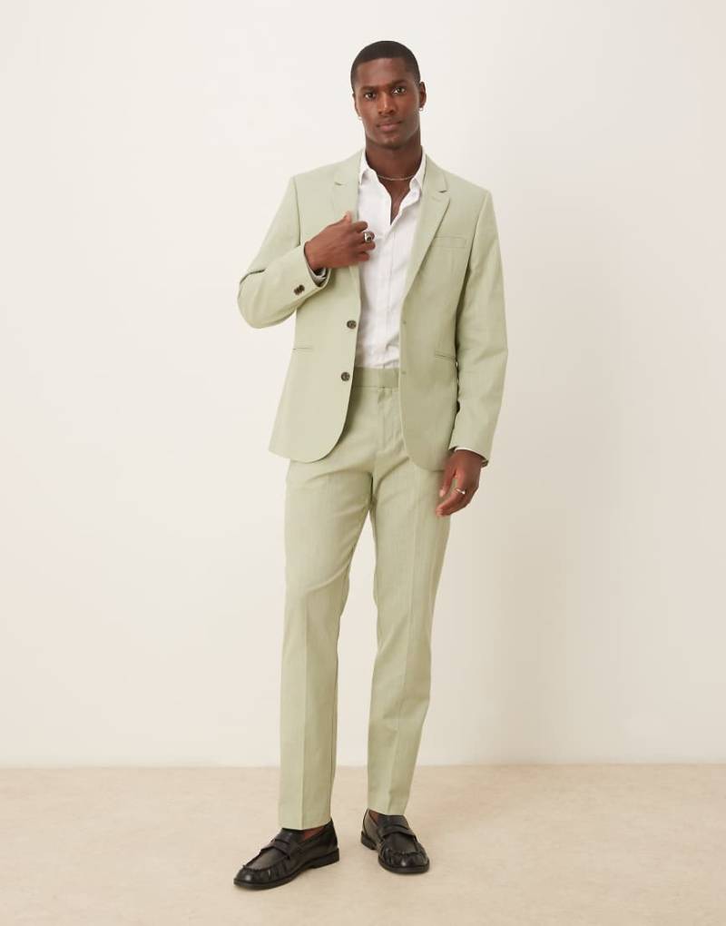 ASOS DESIGN - Slim Fit Anzughose in grüner Leinenoptik mit Bundfalten von ASOS DESIGN