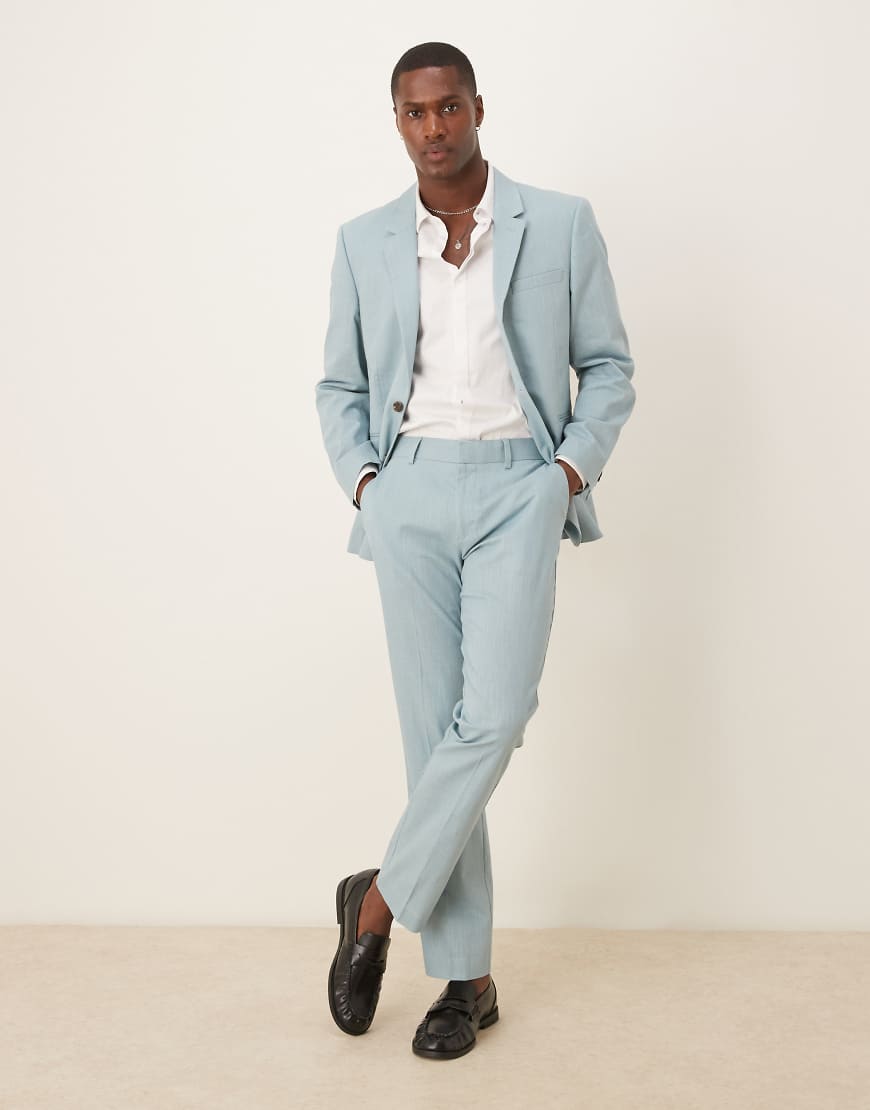 ASOS DESIGN - Slim Fit Anzughose in hellblauer Leinenoptik mit Bundfalten von ASOS DESIGN