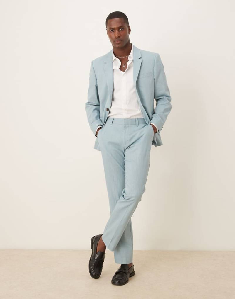 ASOS DESIGN - Slim Fit Anzughose in hellblauer Leinenoptik mit Bundfalten von ASOS DESIGN